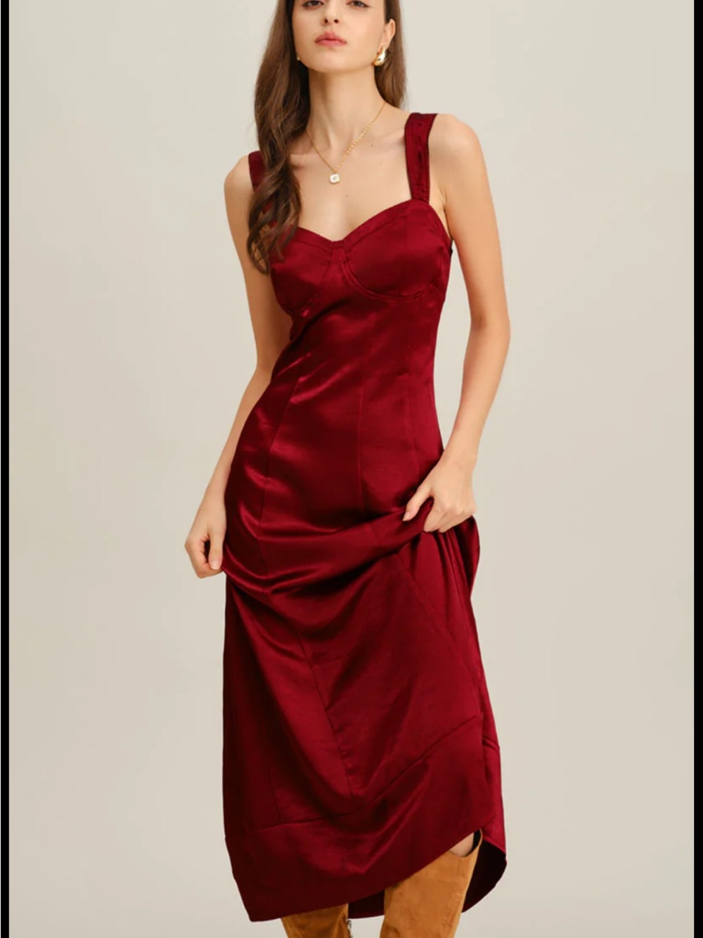 RIHOAS Burgundy Satin Midi Dress with Wide Straps
